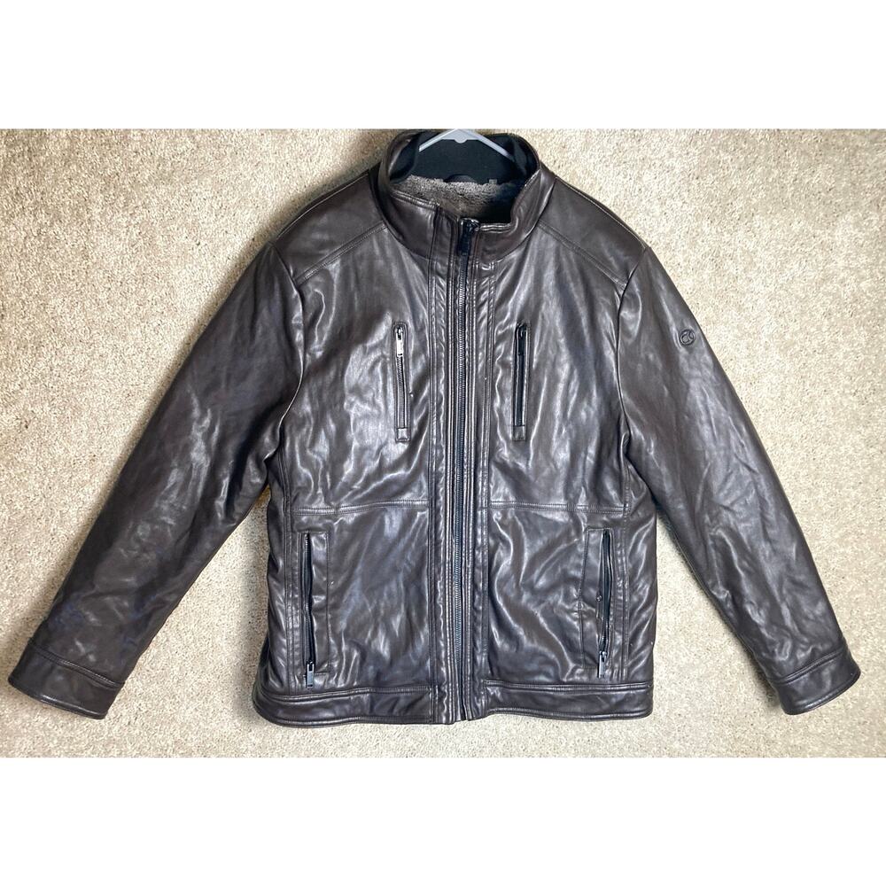 Calvin Klein Mens Brown Leather Like Outer Jacket Coat Large Polyester Filling